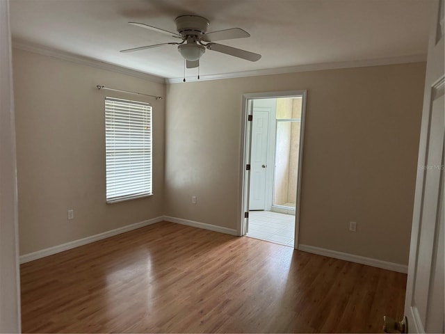 spare room with light hardwood / wood-style flooring, ceiling fan, and crown molding