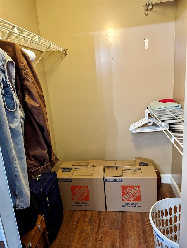 walk in closet with dark wood-type flooring