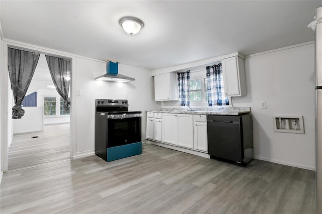 kitchen featuring white cabinetry, electric range, dishwasher, wall chimney exhaust hood, and light hardwood / wood-style floors