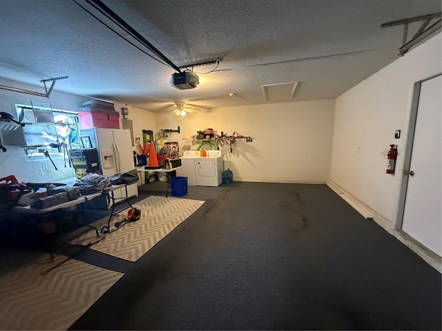 garage with washer and dryer, white refrigerator with ice dispenser, and a garage door opener