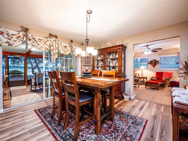 dining room with light hardwood / wood-style floors and ceiling fan with notable chandelier