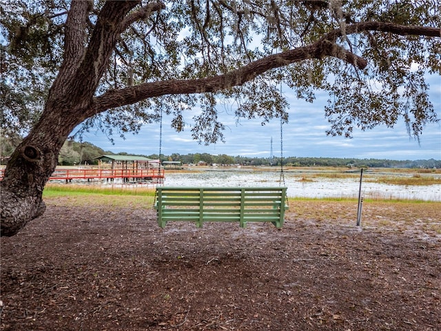 view of community with a water view