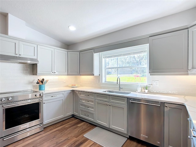 kitchen with backsplash, sink, vaulted ceiling, appliances with stainless steel finishes, and dark hardwood / wood-style flooring