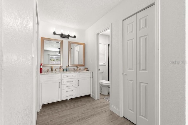 bathroom with vanity, a textured ceiling, hardwood / wood-style flooring, and toilet