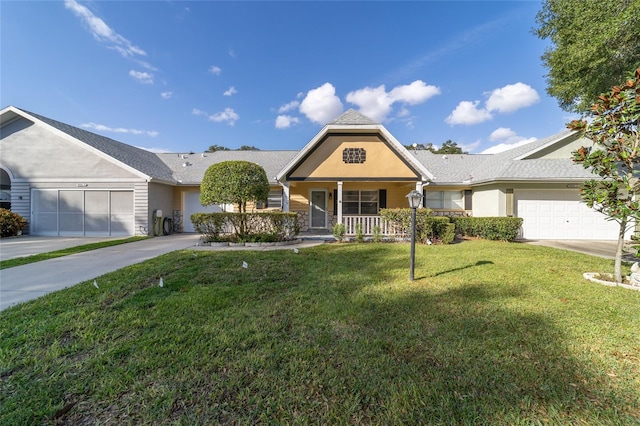 view of front facade featuring a porch, a garage, and a front lawn