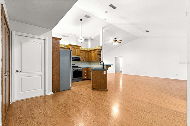 kitchen with appliances with stainless steel finishes, vaulted ceiling, light hardwood / wood-style flooring, and pendant lighting