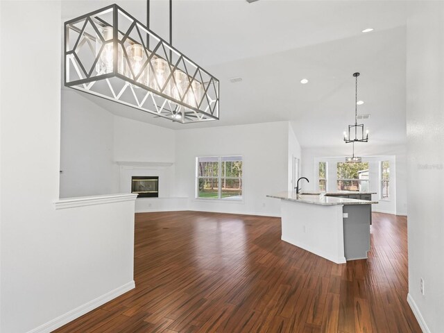 unfurnished living room with plenty of natural light, dark hardwood / wood-style floors, and sink