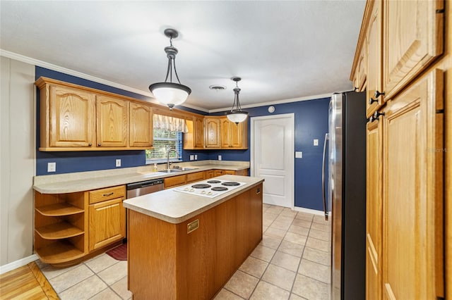 kitchen featuring ornamental molding, stainless steel appliances, sink, decorative light fixtures, and a kitchen island