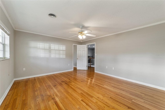 unfurnished bedroom featuring ceiling fan, ornamental molding, and light hardwood / wood-style flooring