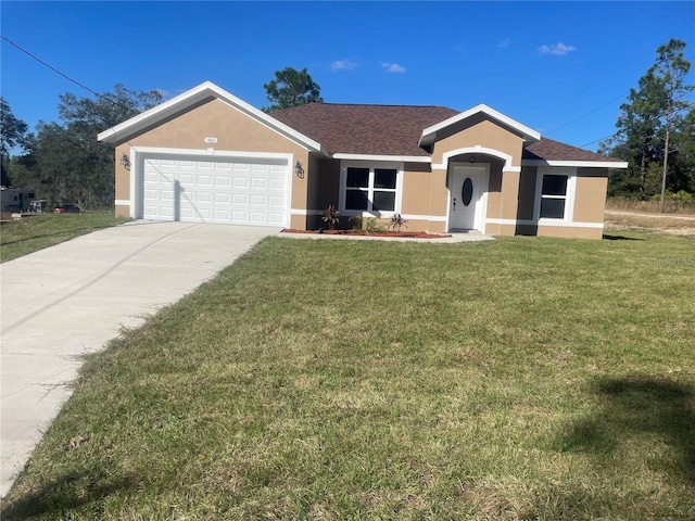 ranch-style home featuring a front lawn and a garage