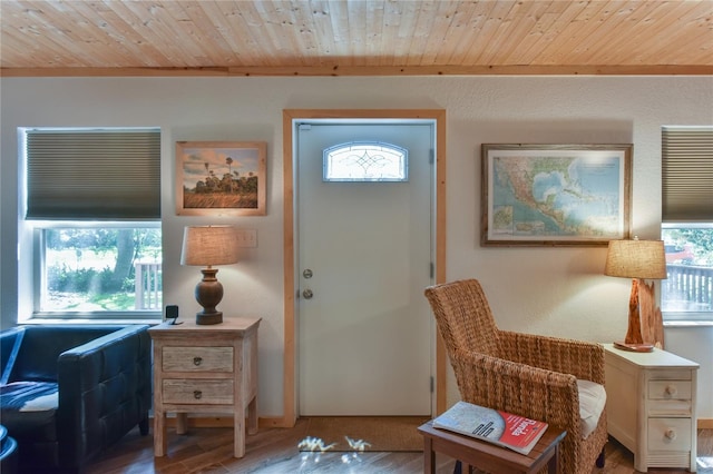 entryway featuring hardwood / wood-style flooring and wood ceiling