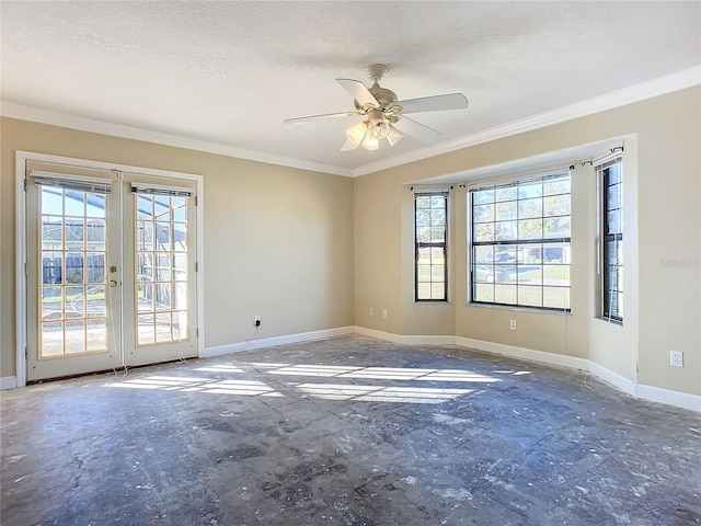 unfurnished room featuring plenty of natural light, ceiling fan, ornamental molding, and a textured ceiling