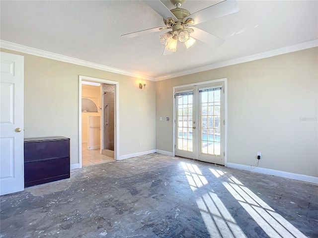 empty room featuring french doors, a textured ceiling, ceiling fan, and crown molding