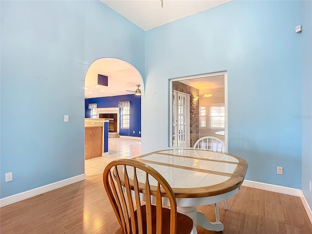 dining area with ceiling fan, a healthy amount of sunlight, and light hardwood / wood-style floors