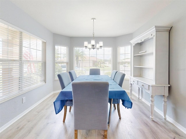 dining room featuring a notable chandelier, light hardwood / wood-style floors, and a wealth of natural light