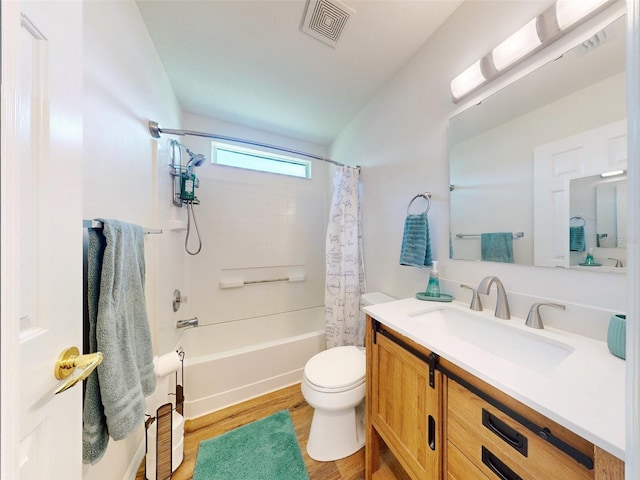 full bathroom with vanity, shower / bath combination with curtain, toilet, and wood-type flooring