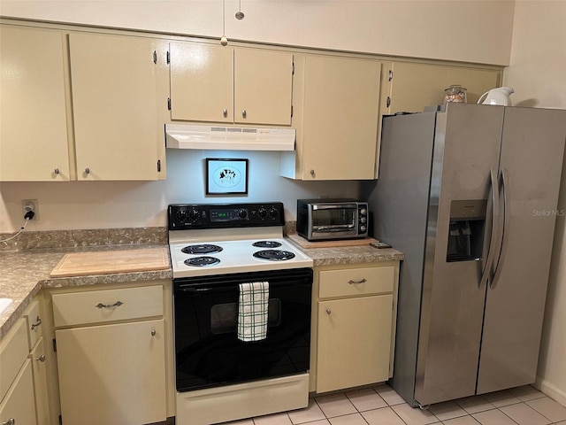 kitchen with light tile patterned flooring, stainless steel fridge with ice dispenser, cream cabinets, and electric stove