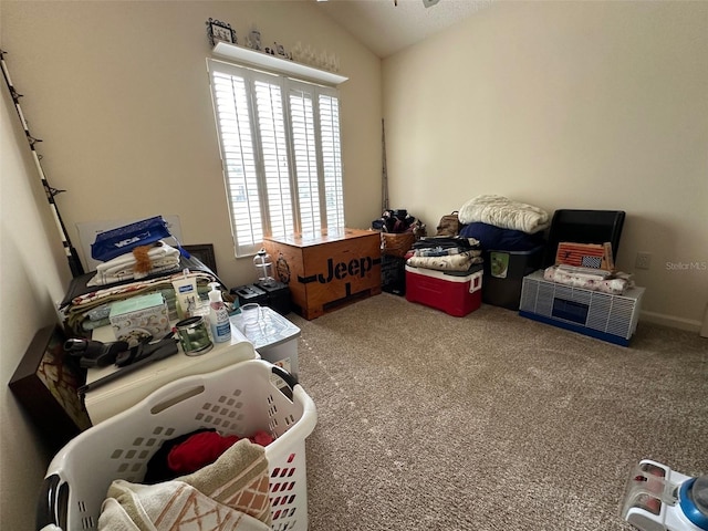 interior space featuring lofted ceiling and carpet floors