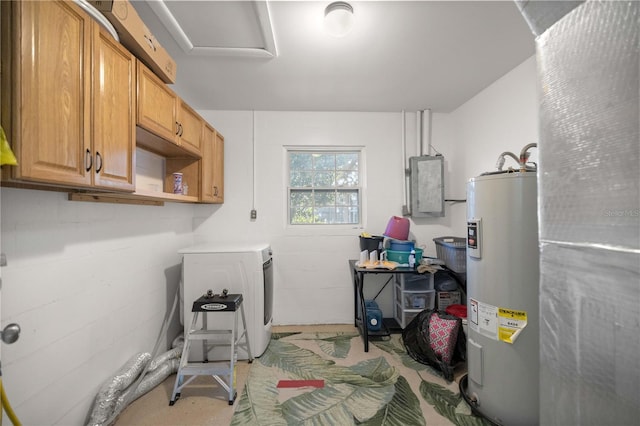 washroom featuring cabinets, washer / dryer, electric water heater, and electric panel