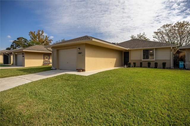 ranch-style house with a garage, brick siding, concrete driveway, and a front yard