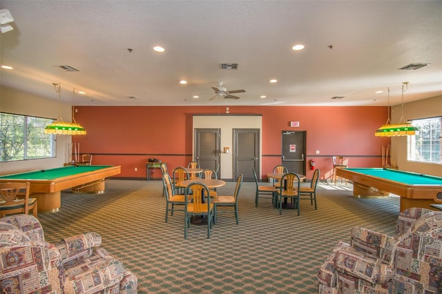 game room featuring ceiling fan, carpet floors, a textured ceiling, and pool table