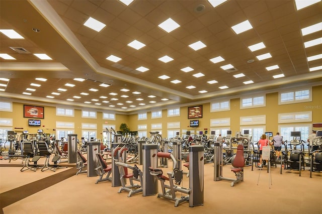 exercise room with a towering ceiling and carpet floors