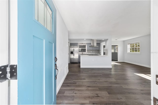 interior space with dark wood-type flooring