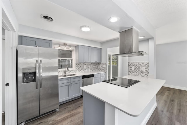 kitchen with dark hardwood / wood-style flooring, tasteful backsplash, stainless steel appliances, island range hood, and sink