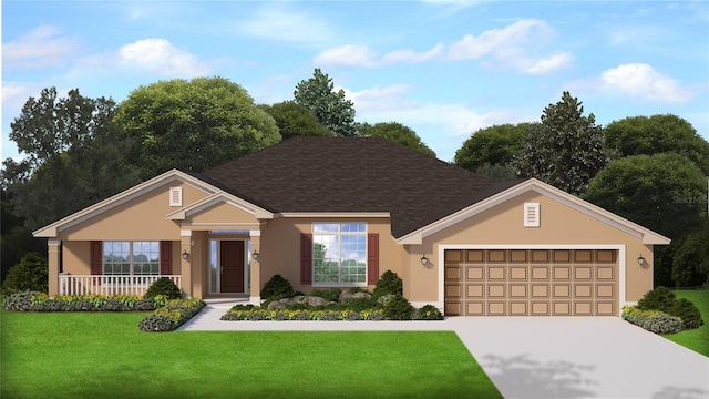 ranch-style home featuring roof with shingles, stucco siding, a front lawn, concrete driveway, and a garage