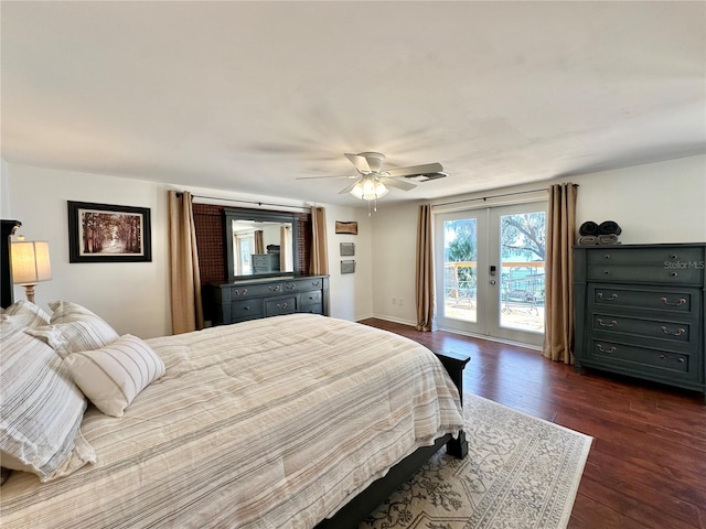 bedroom featuring dark hardwood / wood-style flooring, ceiling fan, access to exterior, and french doors