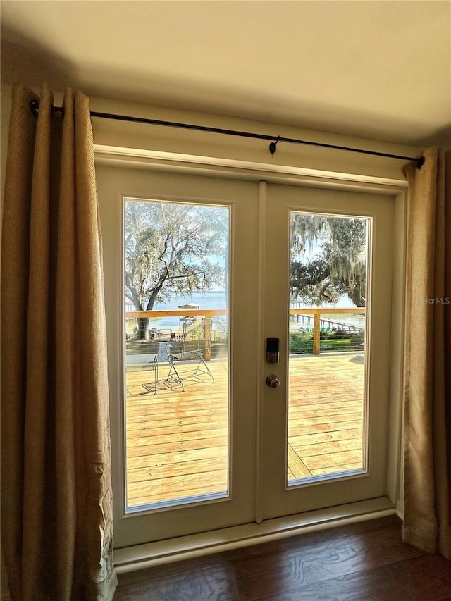 doorway featuring dark hardwood / wood-style flooring, a water view, and french doors