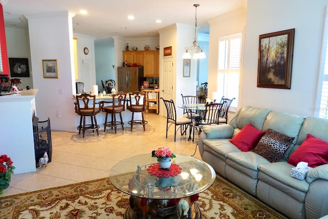 living room with light tile patterned floors and ornamental molding