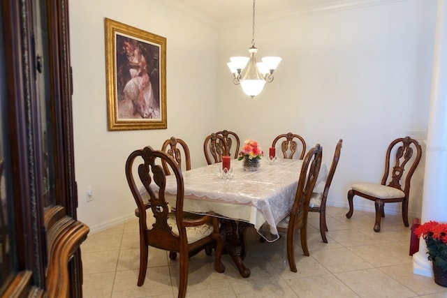 dining area featuring light tile patterned floors, crown molding, and a chandelier