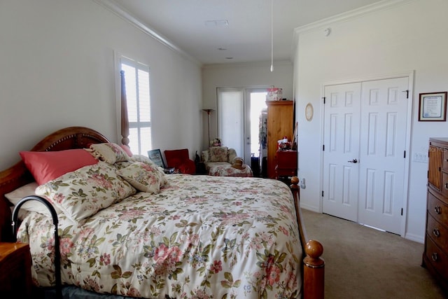 carpeted bedroom with crown molding and a closet