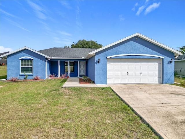 ranch-style house with a front yard and a garage