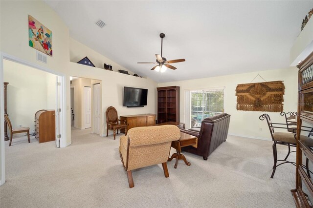 5336 SW 109th Place Rd, Ocala, FL 34476 - living area featuring a ceiling fan, light colored carpet, high vaulted ceiling, and baseboards