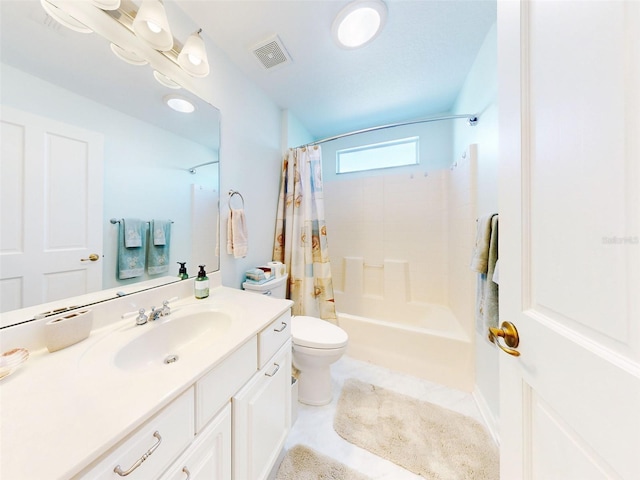 full bathroom featuring vanity, toilet, and shower / bathtub combination with curtain