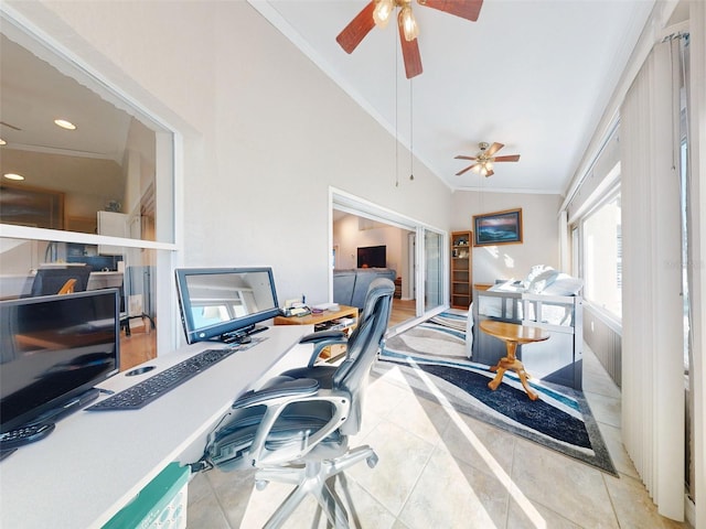 office space featuring crown molding, lofted ceiling, and light tile patterned flooring