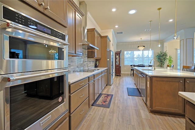 kitchen with pendant lighting, sink, ornamental molding, light hardwood / wood-style floors, and stainless steel appliances