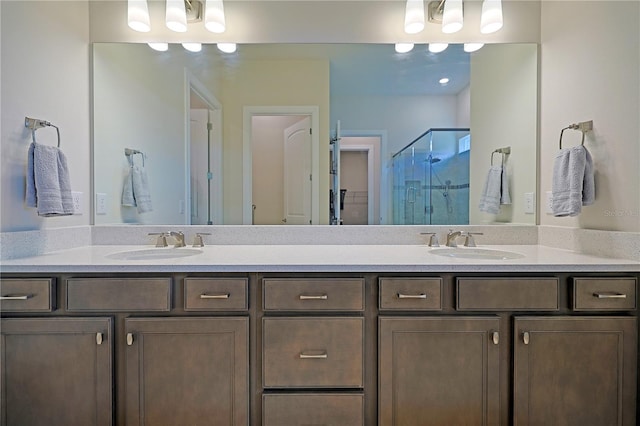 bathroom featuring vanity and a shower with shower door