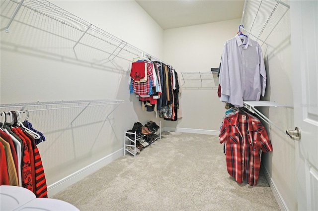 walk in closet with light colored carpet