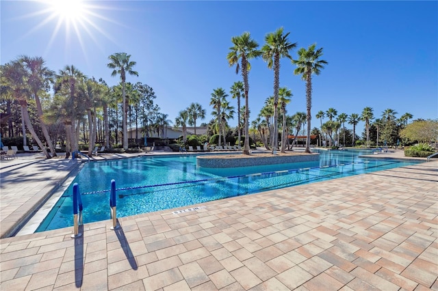 view of swimming pool featuring a patio area