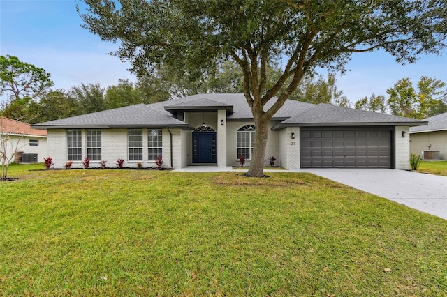 single story home featuring central AC unit, a garage, and a front lawn