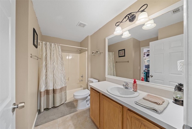 full bathroom featuring toilet, shower / bath combination with curtain, vanity, and tile patterned floors