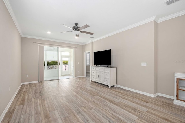 unfurnished living room with ceiling fan, ornamental molding, and light hardwood / wood-style flooring