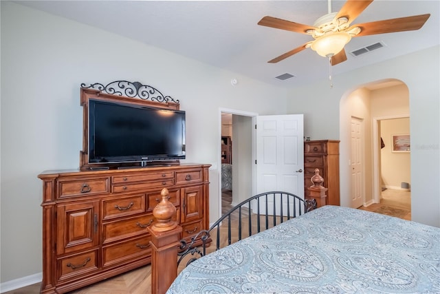 bedroom featuring ceiling fan and light hardwood / wood-style floors