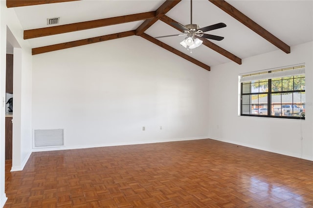 spare room featuring beamed ceiling, dark parquet flooring, high vaulted ceiling, and ceiling fan