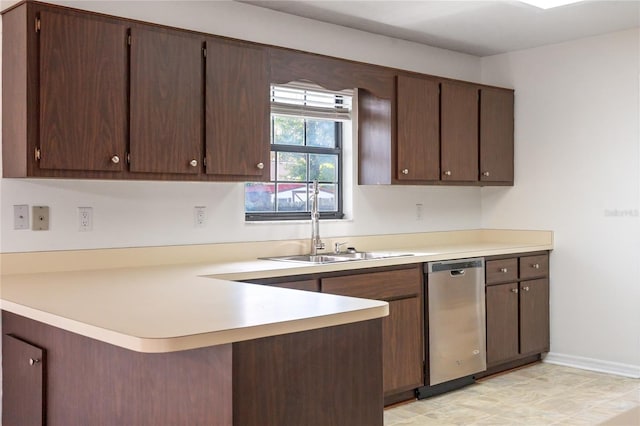 kitchen with stainless steel dishwasher, sink, dark brown cabinetry, and kitchen peninsula