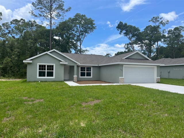 ranch-style house with a garage and a front lawn