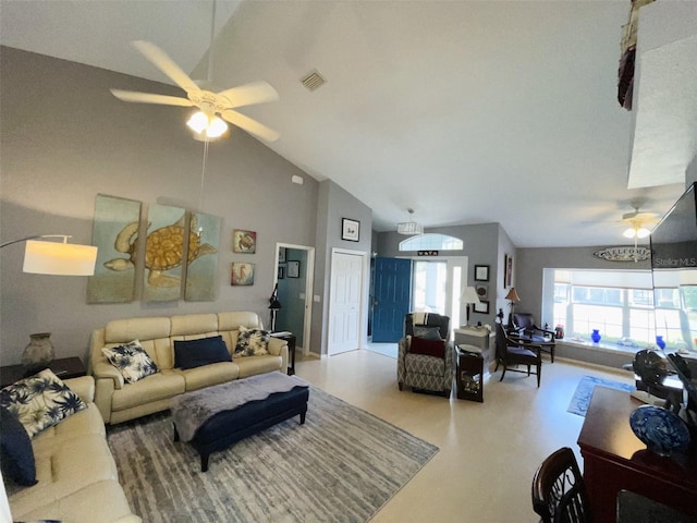 living room featuring ceiling fan and high vaulted ceiling